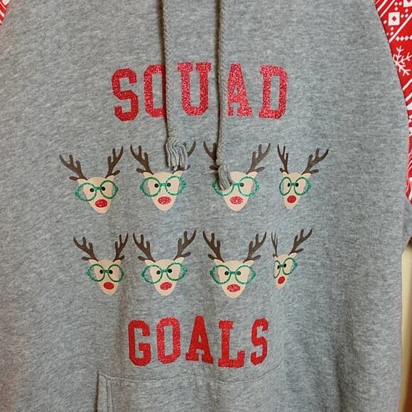 Derek Heart "Squad Goals" Festive Reindeer in Eyeglasses Raglan Hoodie size XL - Picture 3 of 7